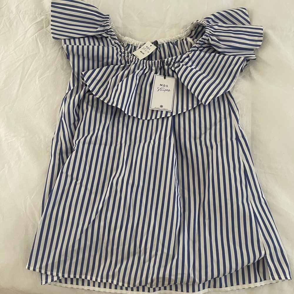 MDS Stripes Royal Blue and White Ruffle Top